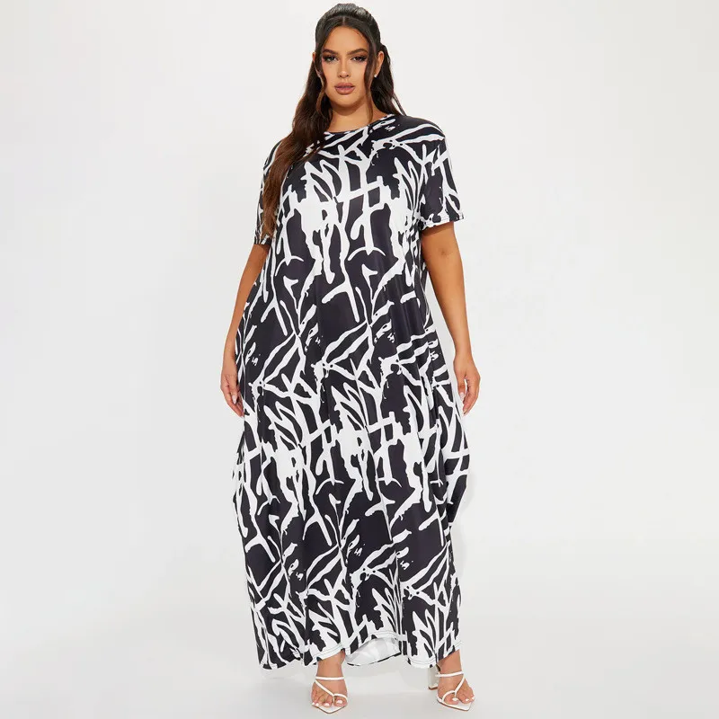 Plus Size Women Abstract Print Black And White Casual Loose Dress 12 Plus Size Women Abstract Print Black And White Casual Loose Dress - Image 10