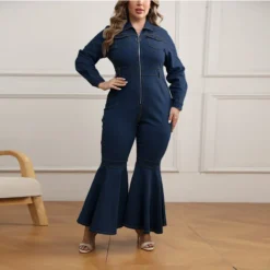 Plus Size Women's Zipper Turndown Collar Long Sleeve Bell Bottom Denim Jumpsuit -Plus Size Dresses Shop e254715227d2a521