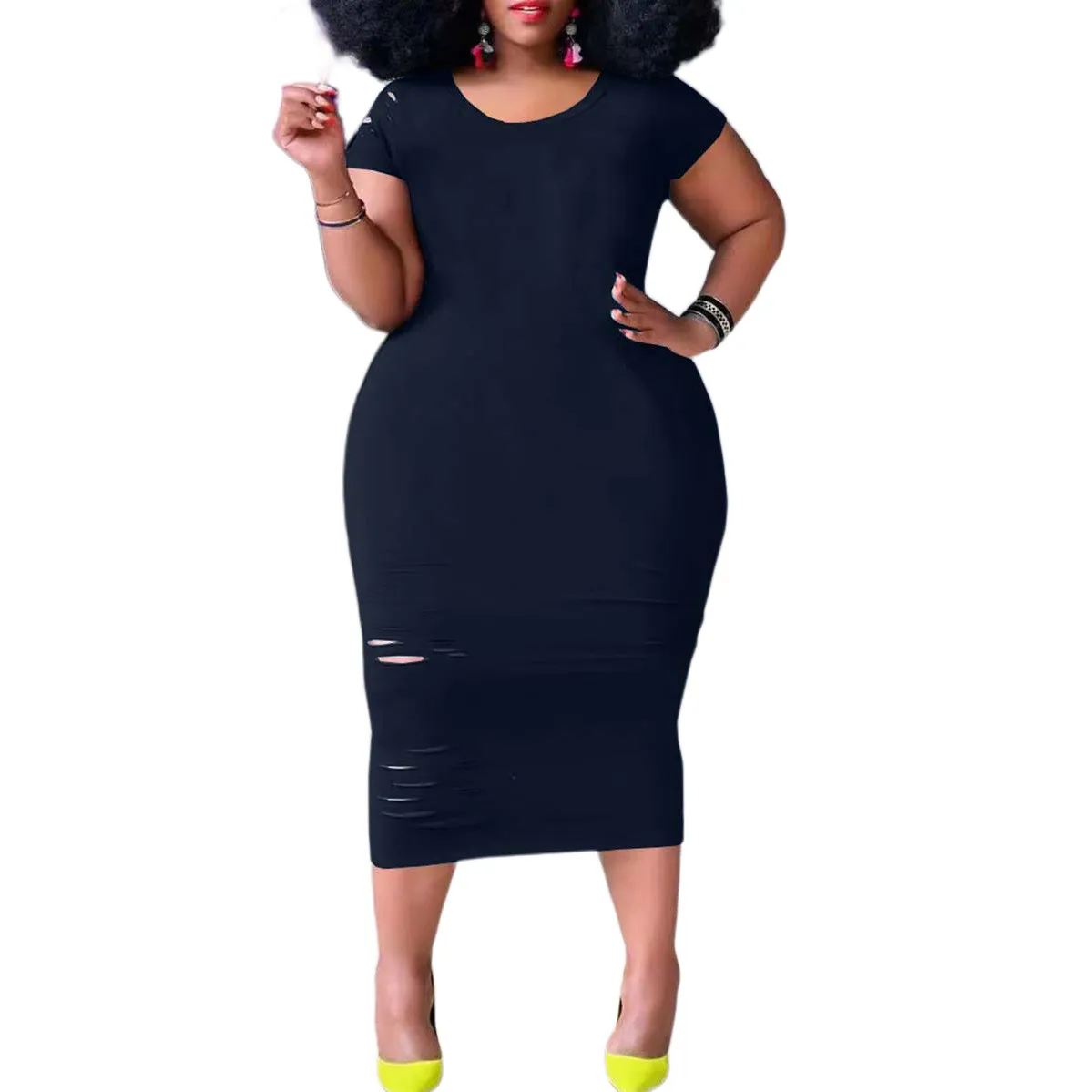 Women'S Casual Plus Size Round Neck Short Sleeve Black Dress 7 Women'S Casual Plus Size Round Neck Short Sleeve Black Dress - Image 5