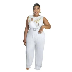 Ladies Round Neck Sleeveless Beaded Casual Loose Pleated Jumpsuit With Belt -Plus Size Dresses Shop e2cbcb9440e0a957