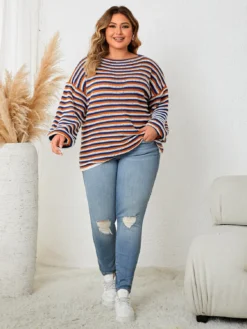 Plus Size Women Striped Loose Round Neck Top -Plus Size Dresses Shop e305ea2732f9b180