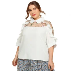 Spring Summer Plus Size Women's Chic Turndown Collar See-Through Embroidered Patchwork Ruffle Edge Half-Sleeve Shirt -Plus Size Dresses Shop e32ebc4b52403134