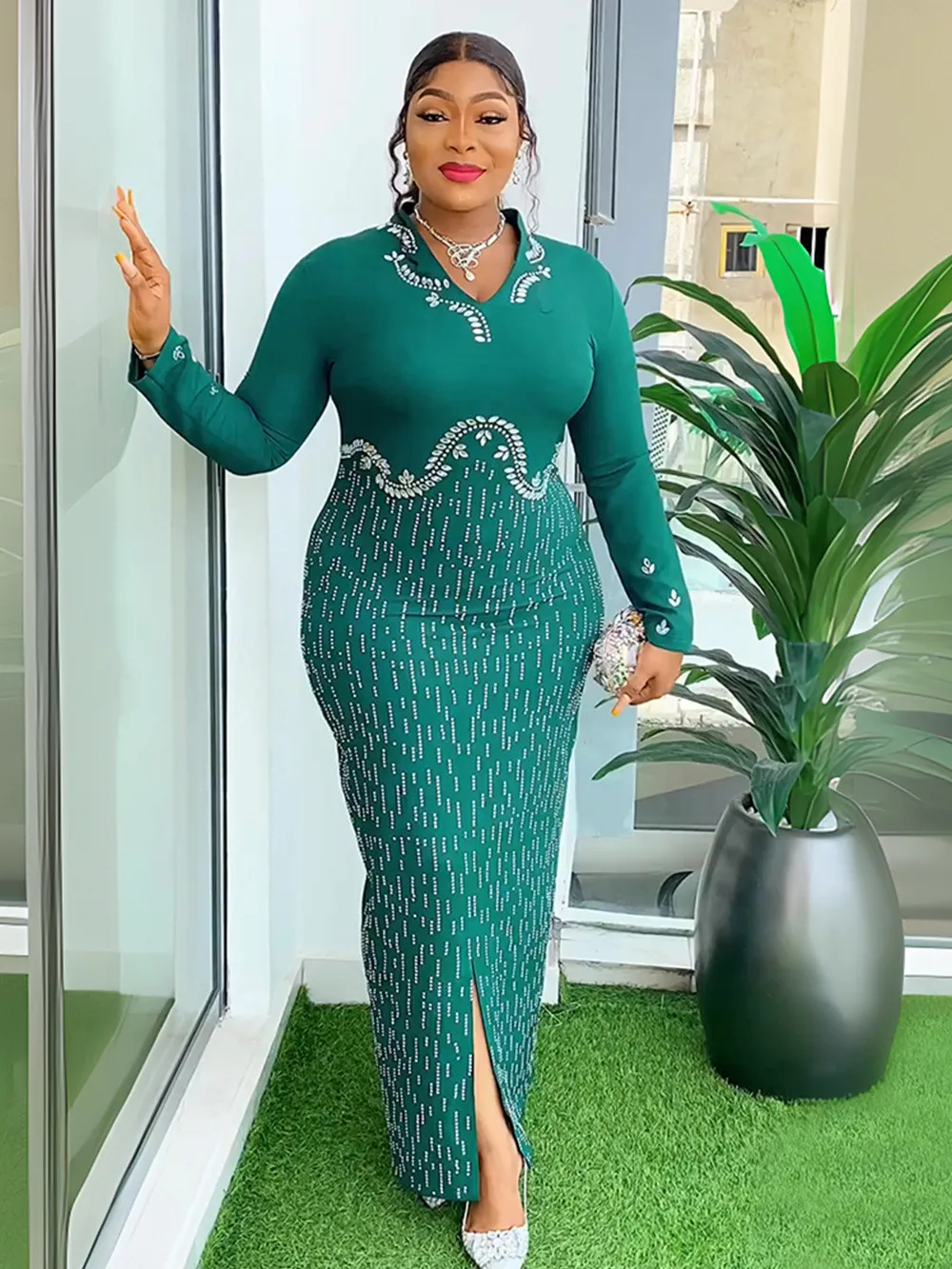 Africa Plus Size Women's Beaded V-Neck Bodycon Chic Elegant Dress 14 Africa Plus Size Women's Beaded V-Neck Bodycon Chic Elegant Dress - Image 12