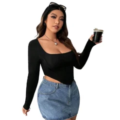 Plus Size Women Square Neck Solid Basic Irregular Top -Plus Size Dresses Shop e35ef8811e5303e4