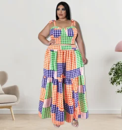 Plus Size Women Clothes Summer Plaid Crop Strap Top Loose Swing Skirt Two Piece Set -Plus Size Dresses Shop e3aae7cdcdb60284
