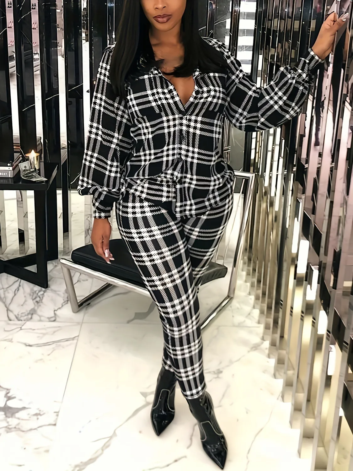 Plus Size Women Plaid Button Top And Pant Two-piece Set 8 Plus Size Women Plaid Button Top And Pant Two-piece Set - Image 6