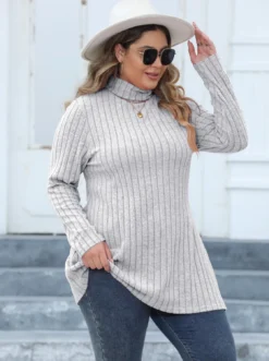 Women's Tops Plus Size Women's Turtleneck Slim Fit Basic Shirt Ribbed Slit Midi T-Shirt -Plus Size Dresses Shop e4dd42f3fa152d75