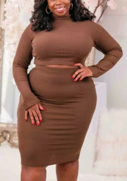 Plus Size Long Sleeve Round Neck Tight Fitting Plus Size Two-Piece Skirt Set -Plus Size Dresses Shop e525b0b25bf33b37