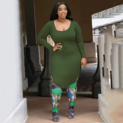 Autumn/Winter Plus Size Ladies Sexy U-Neck Solid High Waist Drawstring Irregular Dress For Women -Plus Size Dresses Shop e52d31a874a2b54c