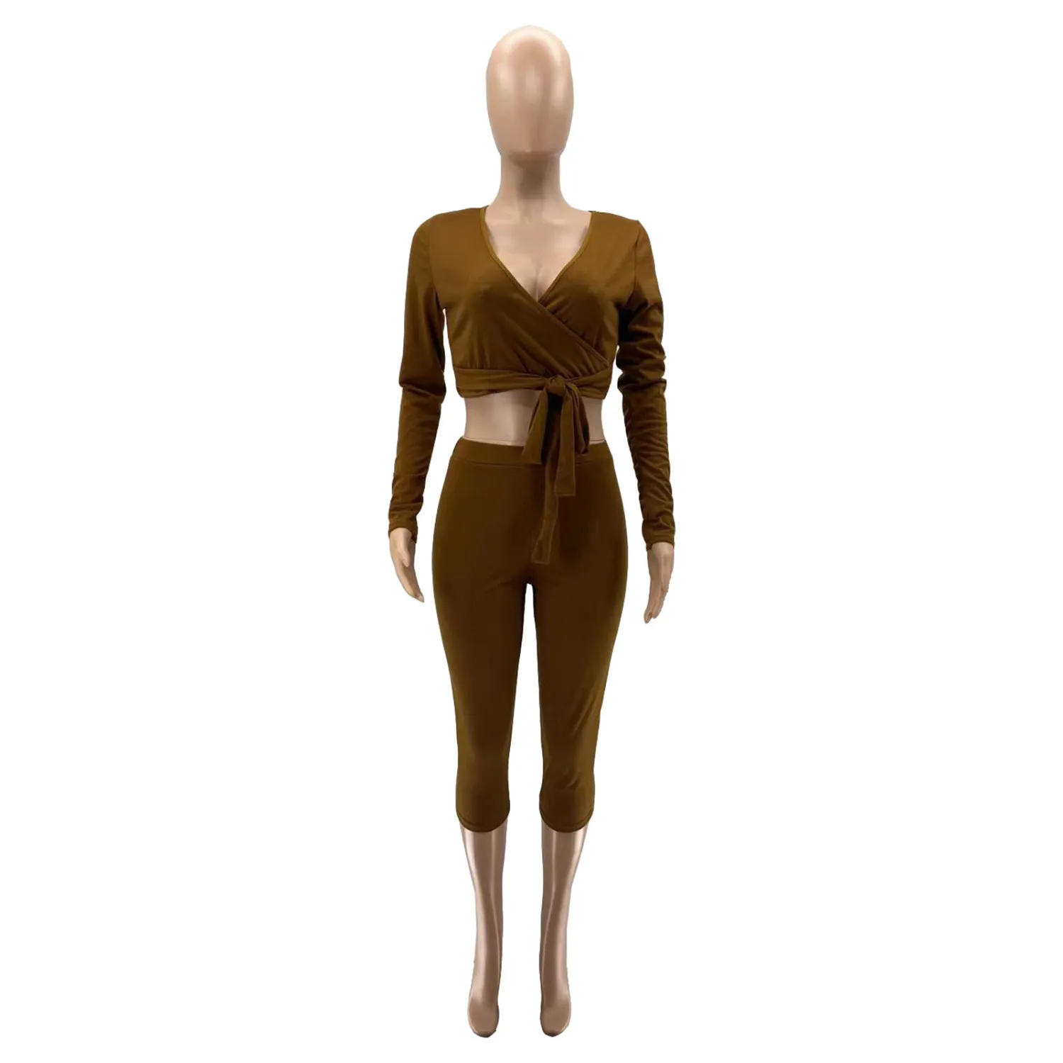 Autumn And Winter Plus Size Women's Solid Color Long Sleeve 7-Point Pants Sexy Casual Two Piece Set 18 Autumn And Winter Plus Size Women's Solid Color Long Sleeve 7-Point Pants Sexy Casual Two Piece Set - Image 16