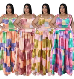 Plus Size Women Clothes Summer Plaid Crop Strap Top Loose Swing Skirt Two Piece Set -Plus Size Dresses Shop e679dbc569ff310b