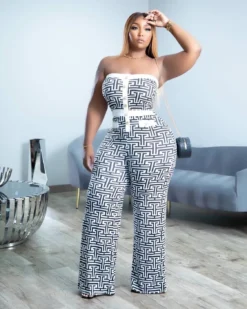 Plus Size Women Fake Button Strapless Print Jumpsuit -Plus Size Dresses Shop e71cabb5364d36fb