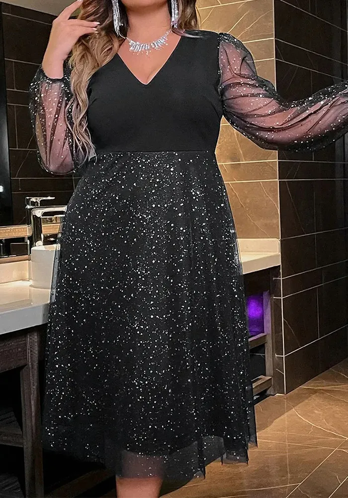 Spring Summer Mesh Patchwork V-Neck Long Sleeve Plus Size Women's Dress 9 Spring Summer Mesh Patchwork V-Neck Long Sleeve Plus Size Women's Dress - Image 7