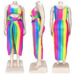 Fashion Plus Size Women's Sexy Rainbow Stripe Cutout One Piece Swimsuit Dress Two-Piece Set -Plus Size Dresses Shop e787eca910a96f3d