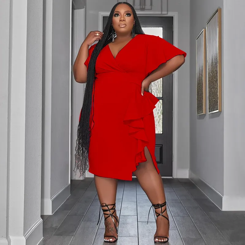 Chic Women's Solid Color V-neck Ruffle Slim Sexy Plus Size Dress 3 Chic Women's Solid Color V-neck Ruffle Slim Sexy Plus Size Dress