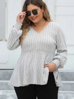 Women's Plus Size Tops Spring And Autumn V-Neck Ribbed Lantern Sleeve T-Shirt Basic Shirt -Plus Size Dresses Shop e84e22df6da5548b