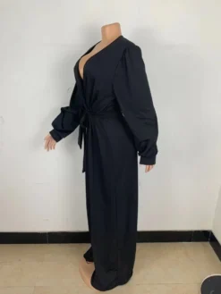 Winter Black V-Neck Wrap Long Sleeve Wide Legges Plus Size Jumpsuit -Plus Size Dresses Shop e90d737e0cc94f24