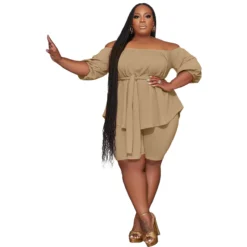 Plus Size Women Off Shoulder Solid Top And Shorts Casual Two-Piece Set