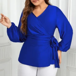 Plus Size Women Autumn V-neck Lace-up Long Sleeve Shirt -Plus Size Dresses Shop e99384086995b643