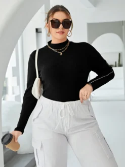 Plus Size Women's Contrast Color Knitting Shirt Autumn And Winter Basic Chic Solid Color Turtleneck Ribbed Top -Plus Size Dresses Shop ea062bac69d7daba