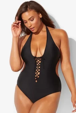 Women's Solid Color Halter Neck Lace-Up One Piece Plus Size Swimwear -Plus Size Dresses Shop ea0fb707fbf2e608