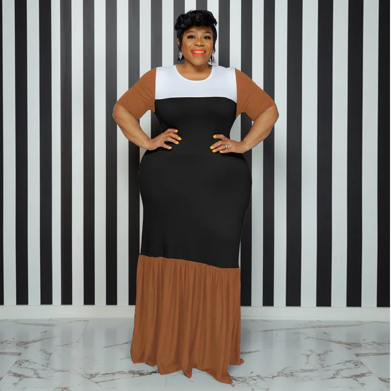 Plus Size Women's Round Neck Short Sleeve Multicolor Patchwork Swing Maxi Dress 12 Plus Size Women's Round Neck Short Sleeve Multicolor Patchwork Swing Maxi Dress - Image 10