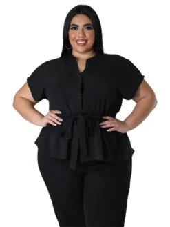 Plus Size Women Solid Belt Short Sleeve Shirt -Plus Size Dresses Shop eb1630ce60bf9a5e