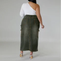 Plus Size Women Denim Strap Slit Skirt