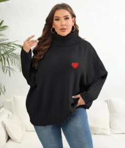 Heart Print Sticker Plus Size Women's Solid Turtleneck Woven Sweater Oversized Pullover Women's Top -Plus Size Dresses Shop eb9097855b10931a
