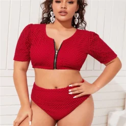 Plus Size Women Solid Zip Half Sleeve Bikini Swimwear -Plus Size Dresses Shop ed859c3ae8950e79