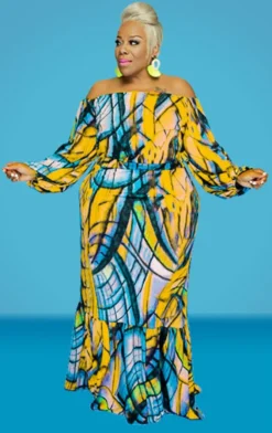 Autumn Plus Size Printed Yellow Off Shoulder Puff Sleeve Top And Maxi Skirt Set