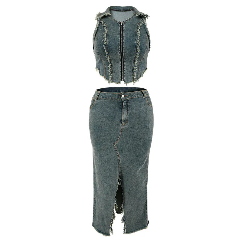 Plus Size Women's Denim Sleeveelss Zipper Top Slit Long Skirt Two Piece Set 9 Plus Size Women's Denim Sleeveelss Zipper Top Slit Long Skirt Two Piece Set - Image 7