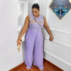 Ladies Round Neck Sleeveless Beaded Casual Loose Pleated Jumpsuit With Belt -Plus Size Dresses Shop efce01ae21fa2eef