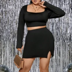 Autumn And Winter Solid Color Sexy Square Neck Hollow Slim High Waist Slit Skirt Set 15 Autumn And Winter Solid Color Sexy Square Neck Hollow Slim High Waist Slit Skirt Set -Plus Size Dresses Shop f009fa4db1e311eb