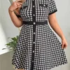 Plus Size Women Houndstooth Print Button Short Sleeve Round Neck Dress -Plus Size Dresses Shop f03bb69abcf68561