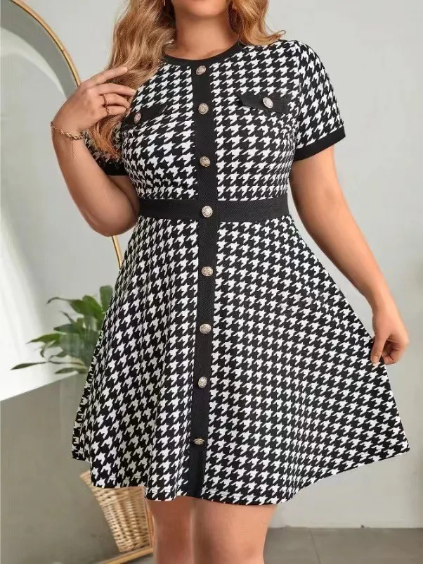 Plus Size Women Houndstooth Print Button Short Sleeve Round Neck Dress 3 Plus Size Women Houndstooth Print Button Short Sleeve Round Neck Dress