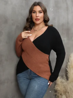 Autumn/Winter Women's Tops Plus Size Ladies Contrast Color Patchwork Deep V Crossover Sexy Sweater -Plus Size Dresses Shop f0a0c70e5c60d222