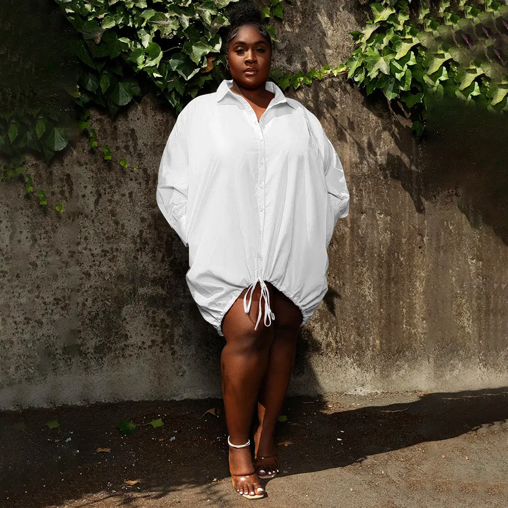 Solid Long Sleeve Loose Drawstring Shirt Plus Size Dress 6 Solid Long Sleeve Loose Drawstring Shirt Plus Size Dress - Image 4