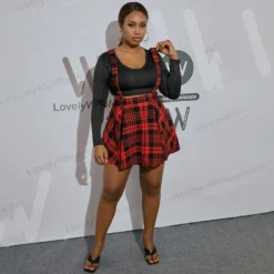 Plus Size Women Summer Sexy Suspender Check High Waist Skirt -Plus Size Dresses Shop f1327e6fc650fb49