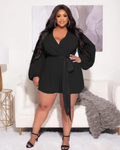 Plus Size Women Solid Chiffon Long Sleeve With Belt Romper -Plus Size Dresses Shop f1730dc51e4dd3ca