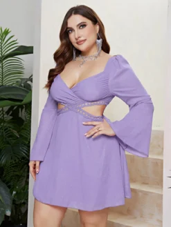 Plus Size Sexy Women Bell Bottom Sleeve Wrap Chest Hollow Dress -Plus Size Dresses Shop f2107917200c0e95