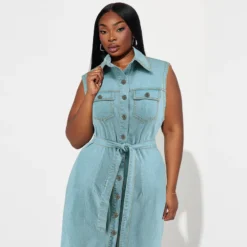 Plus Size Women's Turndown Collar Sleeveless Button Belt Denim Long Dress -Plus Size Dresses Shop f229c714bdeb7d69
