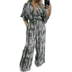 Plus Size Women Lace-Up Half-Sleeve Jumpsuit -Plus Size Dresses Shop f33fb0b301fd6a23