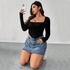 Plus Size Women Square Neck Solid Basic Irregular Top -Plus Size Dresses Shop f3af1f2fb130e77c