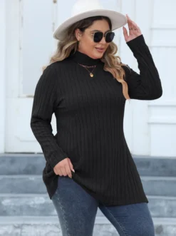 Women's Tops Plus Size Women's Turtleneck Slim Fit Basic Shirt Ribbed Slit Midi T-Shirt -Plus Size Dresses Shop f4ccf46089761cb0