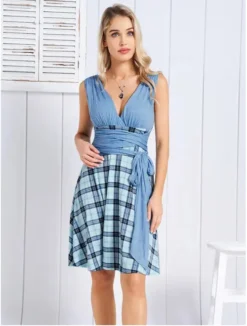 Plus Size Women Deep V Plaid Patchwork Loose Dress -Plus Size Dresses Shop f4d89ab8d36ab570