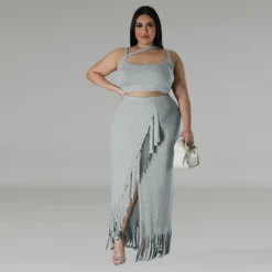 Plus Size Women's Tassel Irregular Sleeveless Two Piece Skirt Set