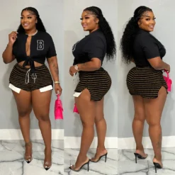 Striped Drawstring High Waist Shorts Sexy Fashion Casual Patchwork Plus Size Pants -Plus Size Dresses Shop f5633173d0971887