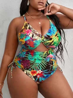 Plus Size Multicolor Print Hollow Crossover Lace-Up One-piece Swimsuit -Plus Size Dresses Shop f6649509ee4b5e2d