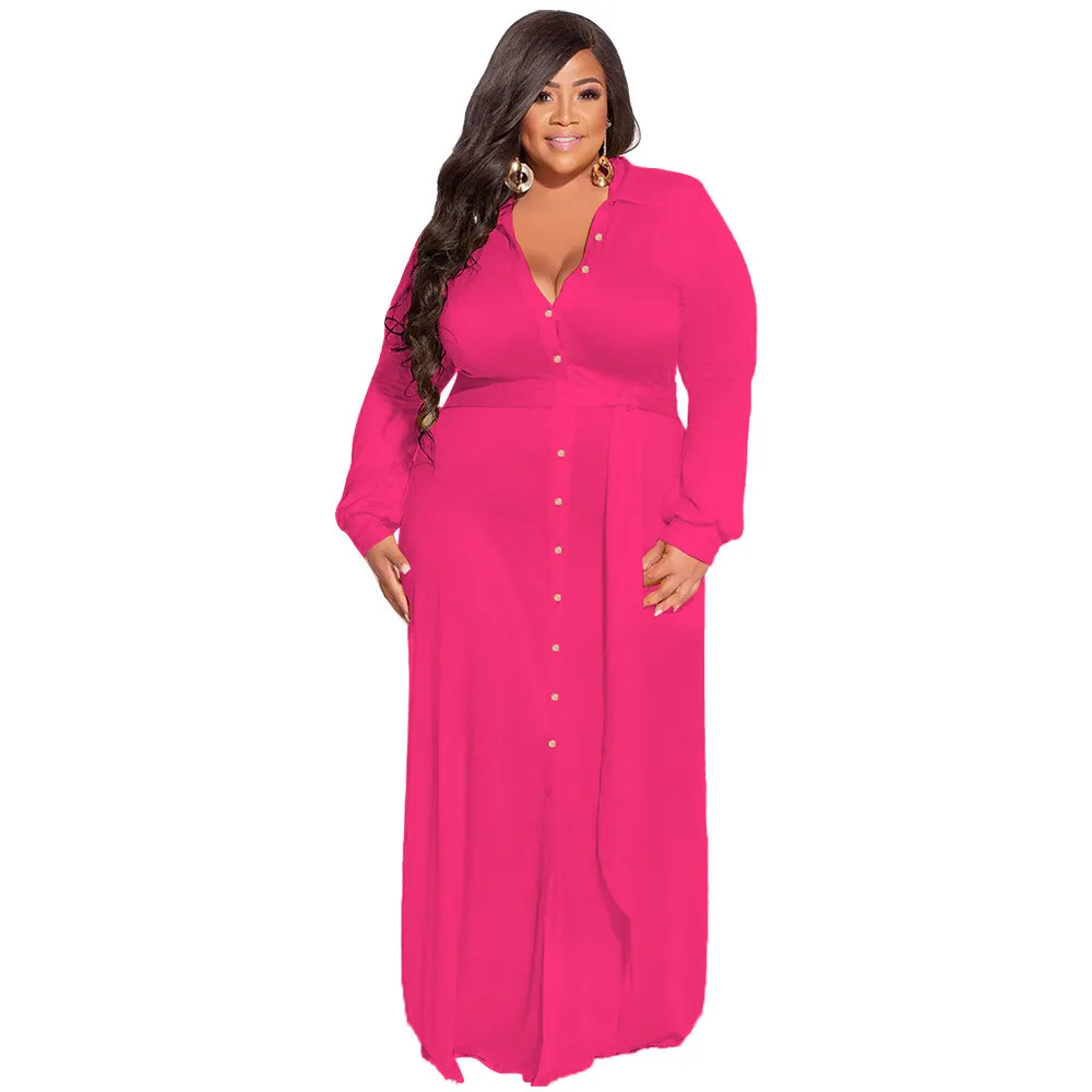 Plus Size Women Solid Tie Long Sleeve Shirt Dress 4 Plus Size Women Solid Tie Long Sleeve Shirt Dress - Image 2